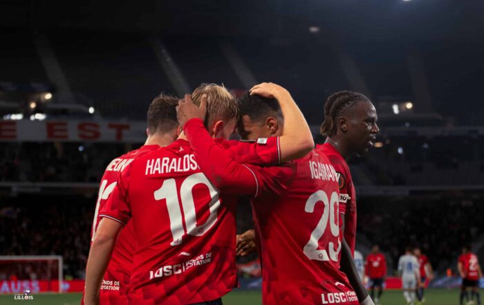 Hamza Igamane et Hakon Haraldsson c&eacute;l&egrave;brent ensemble un but pendant LOSC - Dinamo Zagreb.
