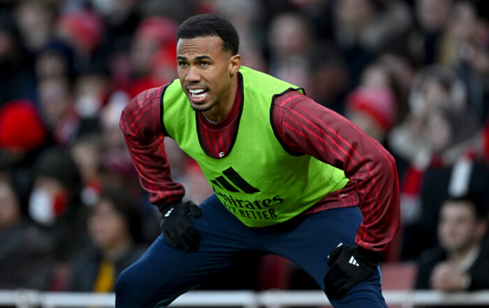 LONDON, ENGLAND - DECEMBER 27: Gabriel of Arsenal warms up pitchside during the Premier League match between Arsenal and Brighton & Hove Albion at the Emirates Stadium on December 27, 2025 in London, England.