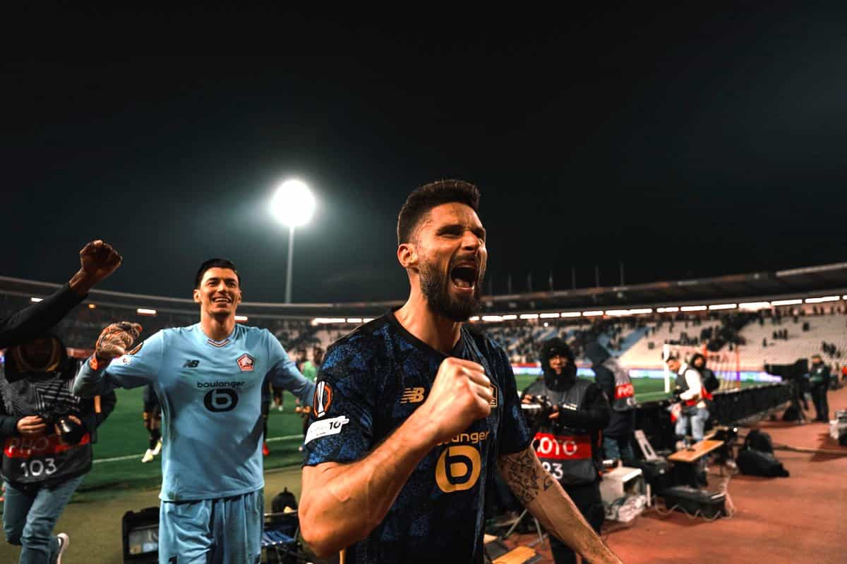 Olivier Giroud laisse exploser sa joie apr&egrave;s la victoire du LOSC &agrave; Belgrade.