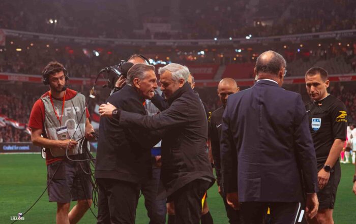 Claude Puel, entra&icirc;neur de l'OGC Nice, avec Bruno Genesio, technicien du LOSC.