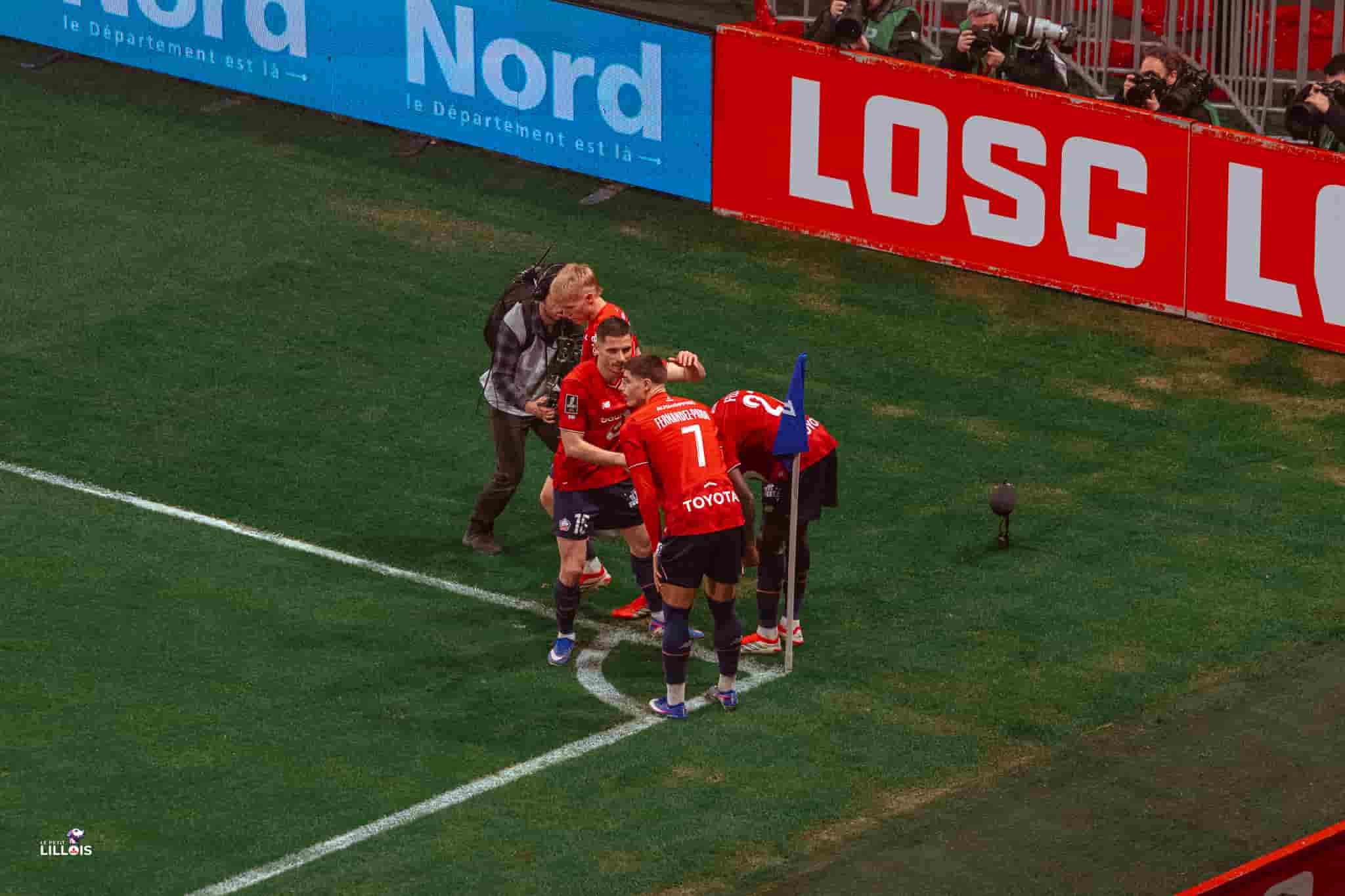 Les joueurs lillois c&eacute;l&egrave;brent le but de F&eacute;lix Correia pendant LOSC - RC Lens.