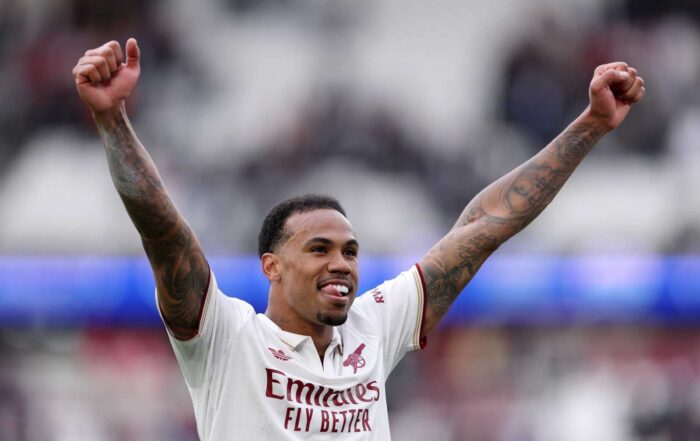 LONDON, ENGLAND - MAY 10: Gabriel of Arsenal celebrates at full time following the team's victory during the Premier League match between West Ham United and Arsenal at London Stadium on May 10, 2026 in London, England.