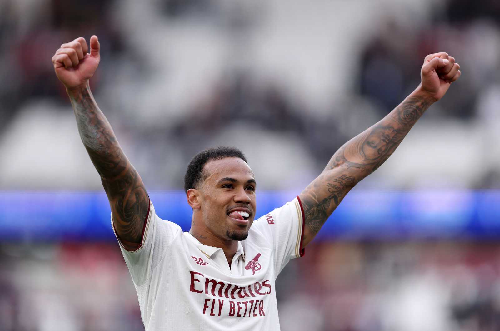 LONDON, ENGLAND - MAY 10: Gabriel of Arsenal celebrates at full time following the team's victory during the Premier League match between West Ham United and Arsenal at London Stadium on May 10, 2026 in London, England.