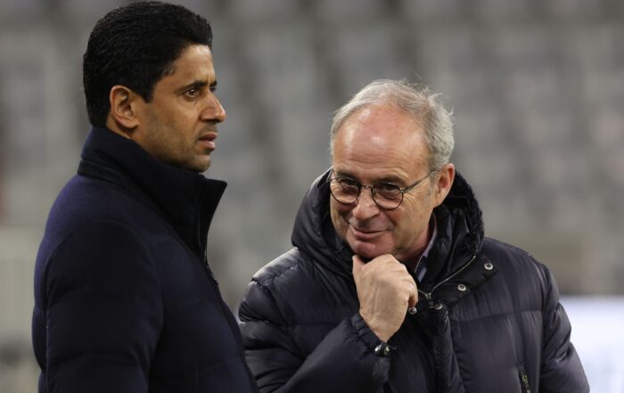 MUNICH, GERMANY - MARCH 07: Lu&iacute;s Campos (R), Sporting director of Paris Saint-Germain talks to Nasser Ghanim Al-Khelaifi, President of Paris Saint-Germain during a Paris Saint-Germain Training session ahead of their UEFA Champions League round of 16 match against FC Bayern M&uuml;nchen at Allianz Arena on March 07, 2023 in Munich, Germany.