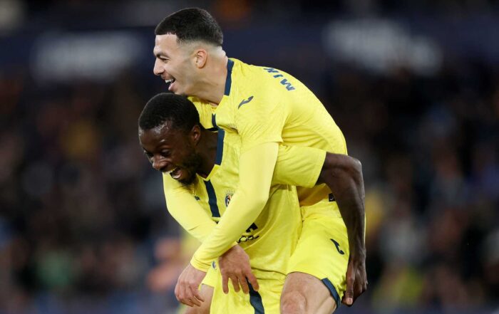 VALENCIA, SPAIN - FEBRUARY 18: Georges Mikautadze of Villarreal CF celebrates scoring his team's first goal with teammate Nicolas Pepe during the LaLiga EA Sports match between Levante UD and Villarreal CF at Ciutat de Valencia on February 18, 2026 in Valencia, Spain.