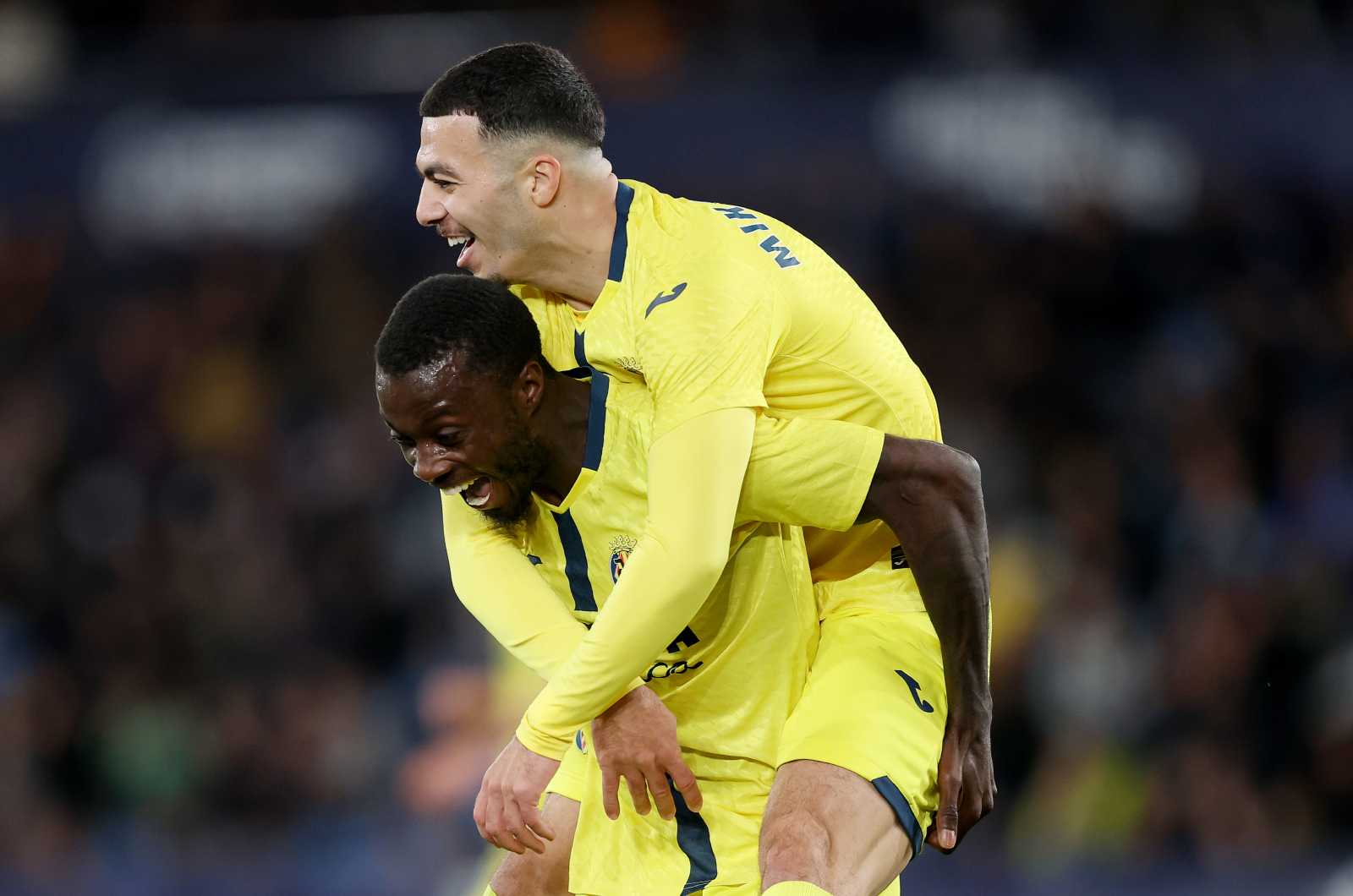 VALENCIA, SPAIN - FEBRUARY 18: Georges Mikautadze of Villarreal CF celebrates scoring his team's first goal with teammate Nicolas Pepe during the LaLiga EA Sports match between Levante UD and Villarreal CF at Ciutat de Valencia on February 18, 2026 in Valencia, Spain.