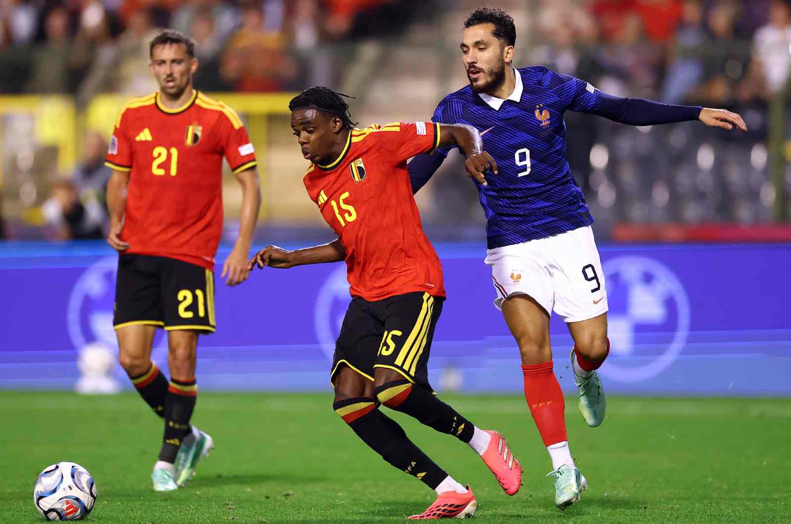 BRUSSELS, BELGIUM - SEPTEMBER 28: Nathan Ngoy of Belgium is challenged by Rayan Cherki of France during the UEFA Nations League 2026/27 group phase match between Belgium and France at Stade Roi Baudouin on September 28, 2026 in Brussels, Belgium.